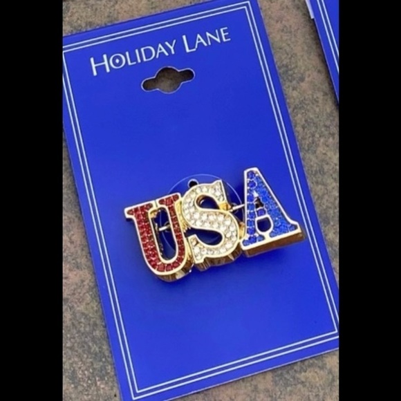 NWT HOLIDAY LANE USA RED WHITE BLUE CRYSTAL PIN BROOCH - Picture 2 of 3